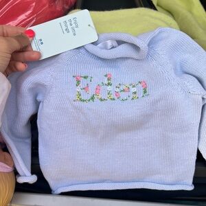 Magnolia baby NWT blue cowl neck “Eden” monogrammed Sweater with Floral Accents